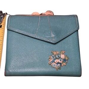 Vintage Princess Gardner Teal English Morocco Leather Floral Trifold Wallet